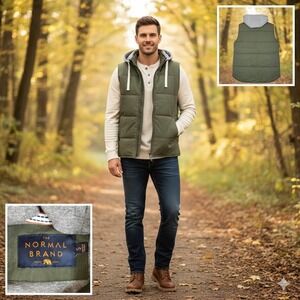 The Normal Brand Olive Green Quilted Dano Hooded Vest Men's Size S Insulated